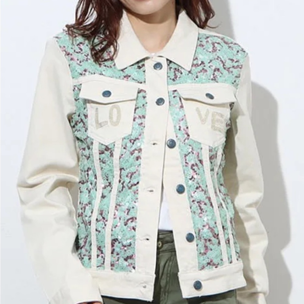Desigual Women's Denim Jacket White Blue Sequin LOVE NWT 38 6